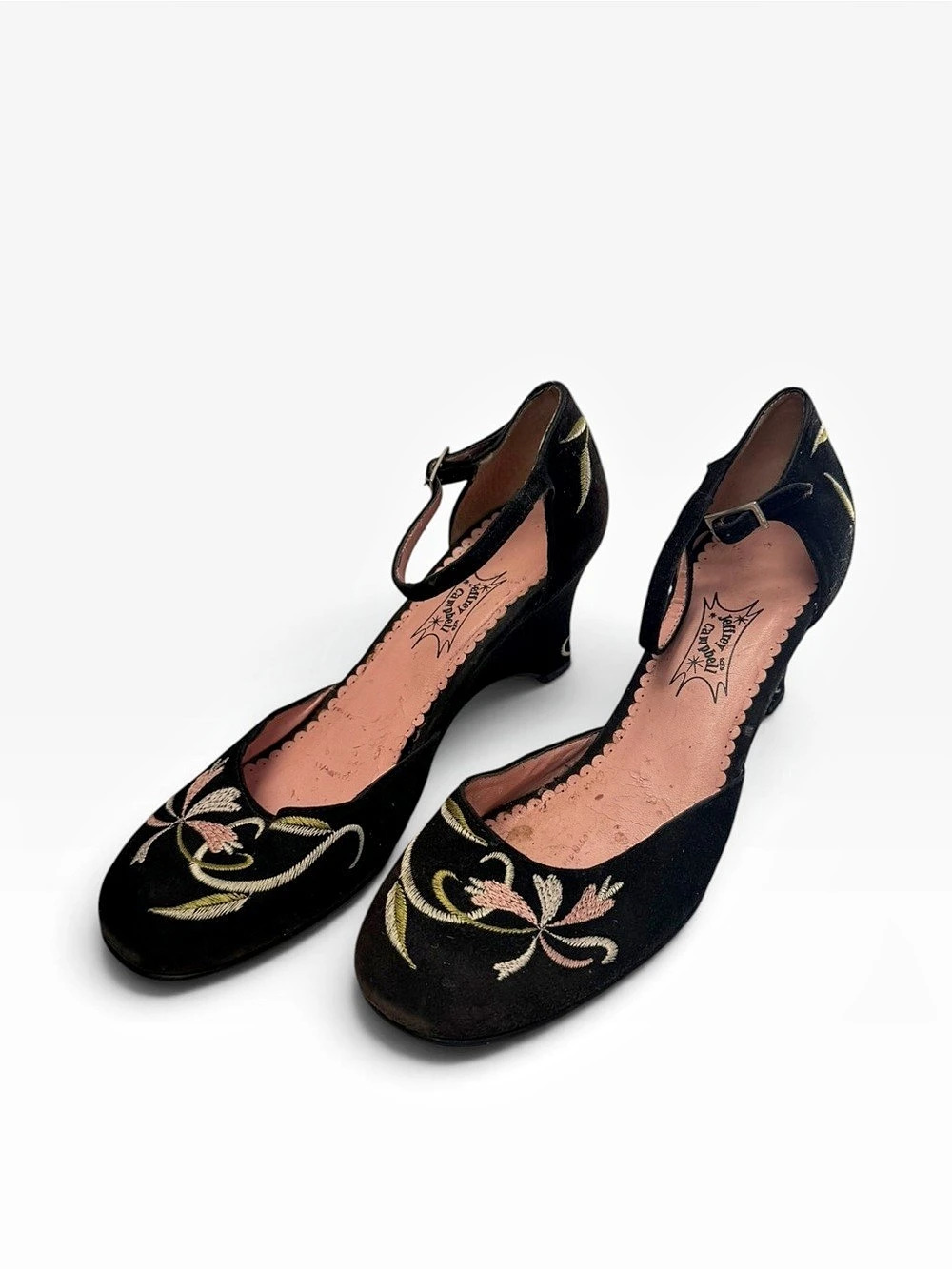 Jeffrey Campbell Embroidered Floral Wedge Heels in Black/Pink/Green Size 9